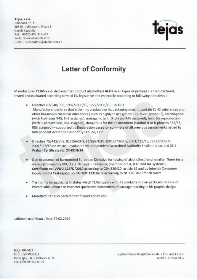 Tejas - Letter of Conformity